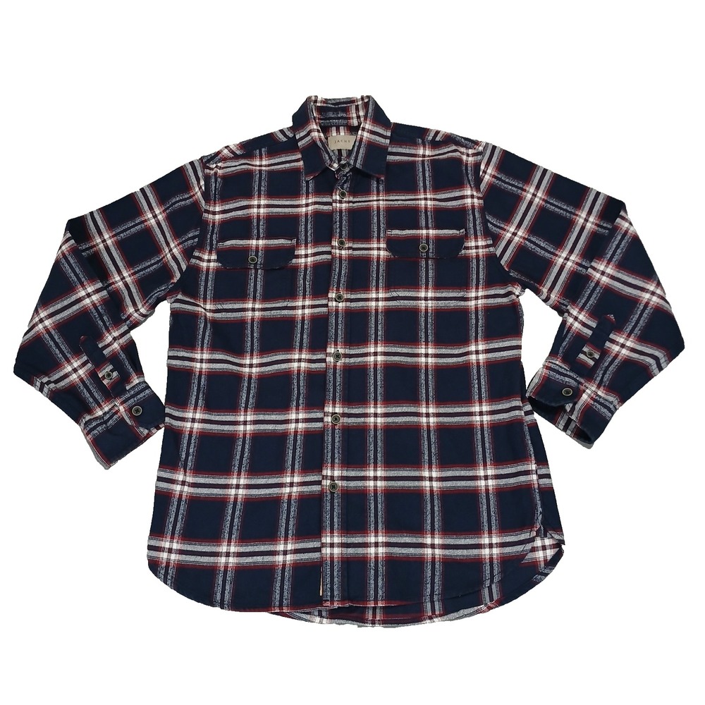 Jachs MFG Flannel Shirt Mens Plaid Blue White Long Sleeve Pockets Button Up L